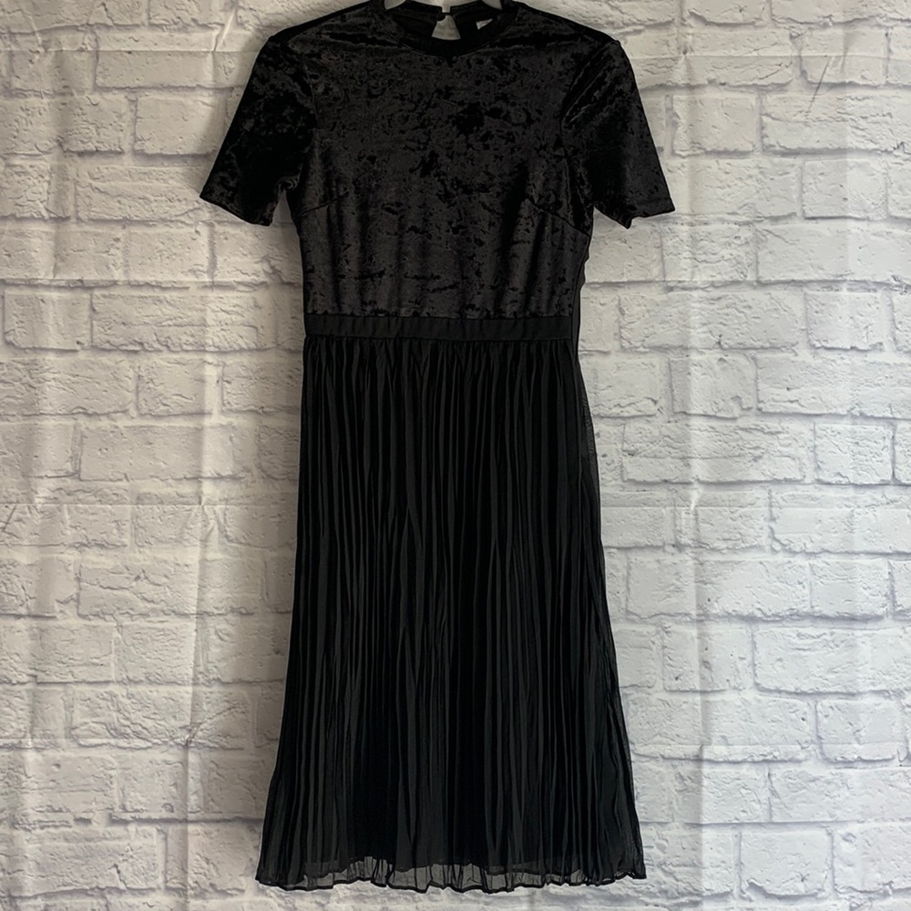velvet pleated mock neck dress